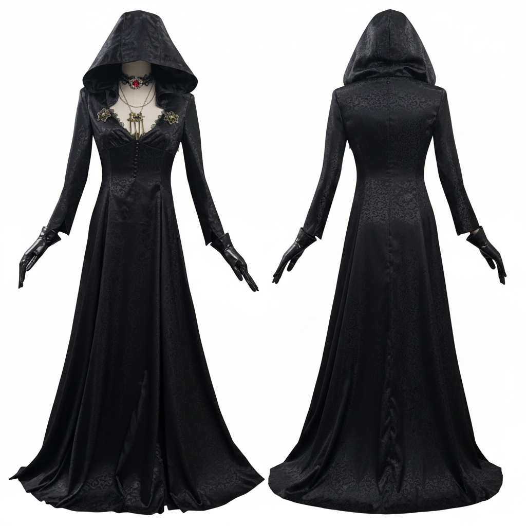 Gothic Vampire Costume Set for Women with Dress Gown Coat Choker & Tattoos for Halloween Cosplay