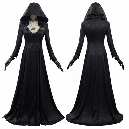 Gothic Vampire Costume Set for Women with Dress Gown Coat Choker & Tattoos for Halloween Cosplay