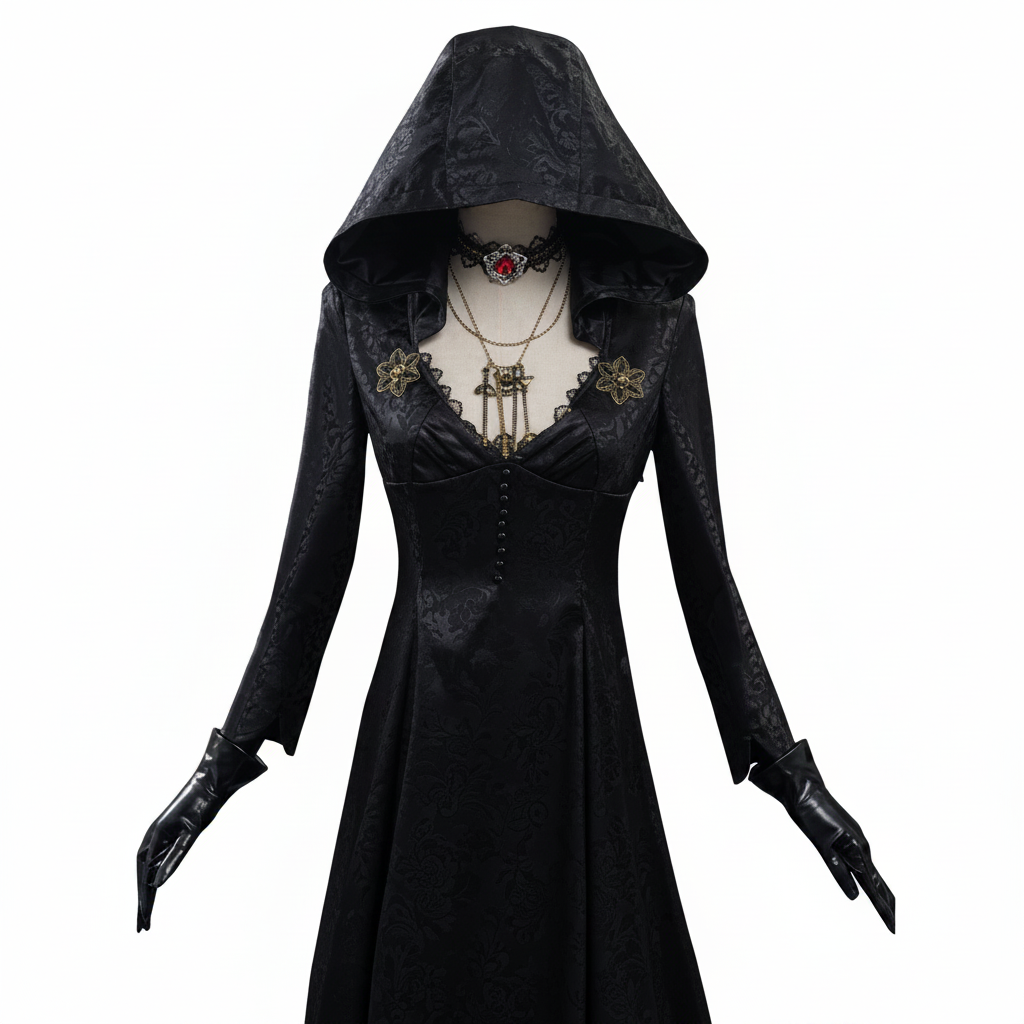 Gothic Vampire Costume Set for Women with Dress Gown Coat Choker & Tattoos for Halloween Cosplay – alternate product view 3