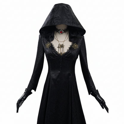 Gothic Vampire Costume Set for Women with Dress Gown Coat Choker & Tattoos for Halloween Cosplay – alternate product view 3