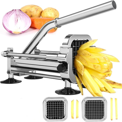 French fries cutter made of stainless steel with 2 interchangeable cutting inserts
