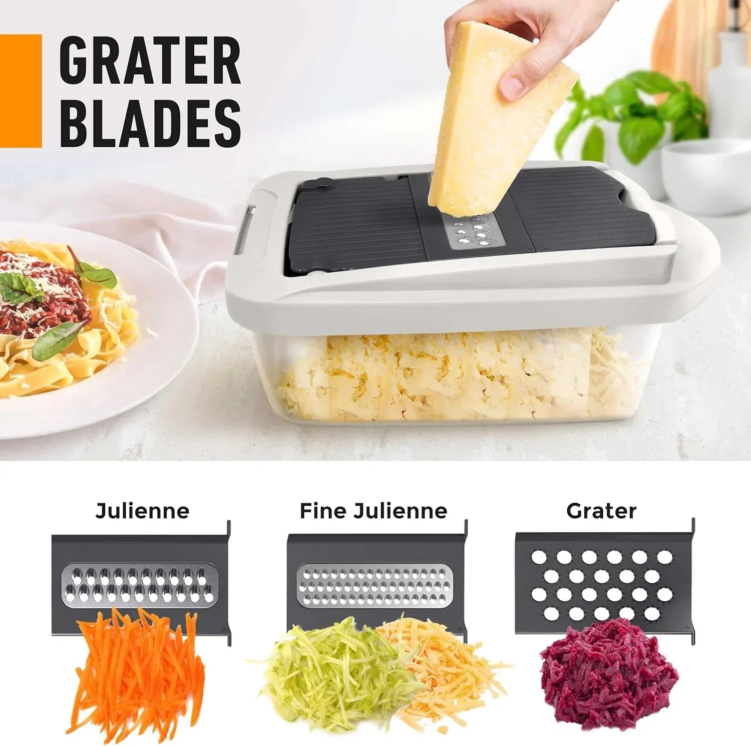 Vegetable cutter with 8 blades - chopping, slicing, grating and dicing