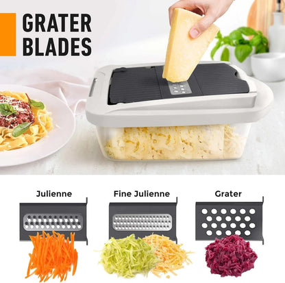 Vegetable cutter with 8 blades - chopping, slicing, grating and dicing