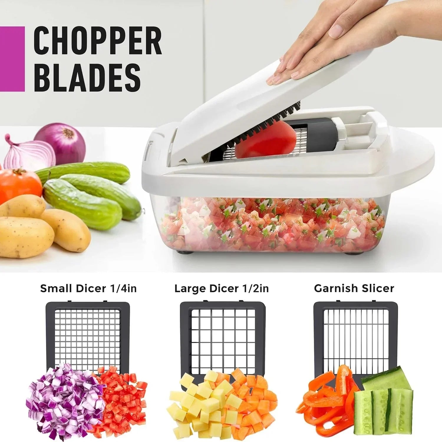 Vegetable cutter with 8 blades - chopping, slicing, grating and dicing – alternate product view 3