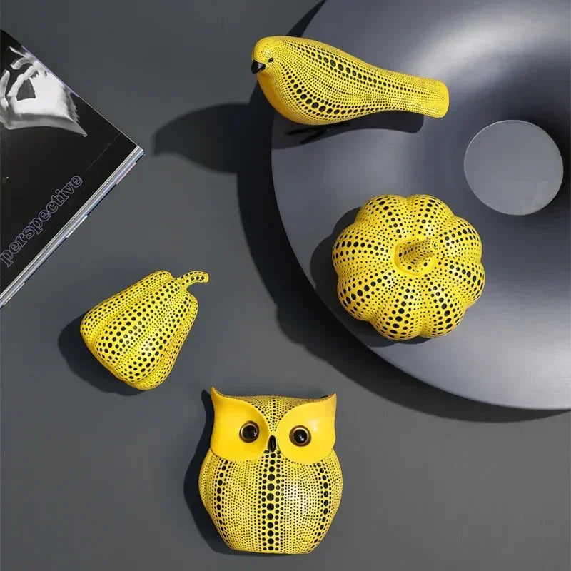 Yellow Resin Figurines Tabletop Accents Set Contemporary Shelf Decor Owl Pear Pumpkin Bird Sculptures 8 – alternate product v