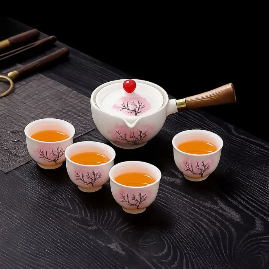 Ceramic teapot with cherry blossom decoration and rotating strainer – alternate product view 2
