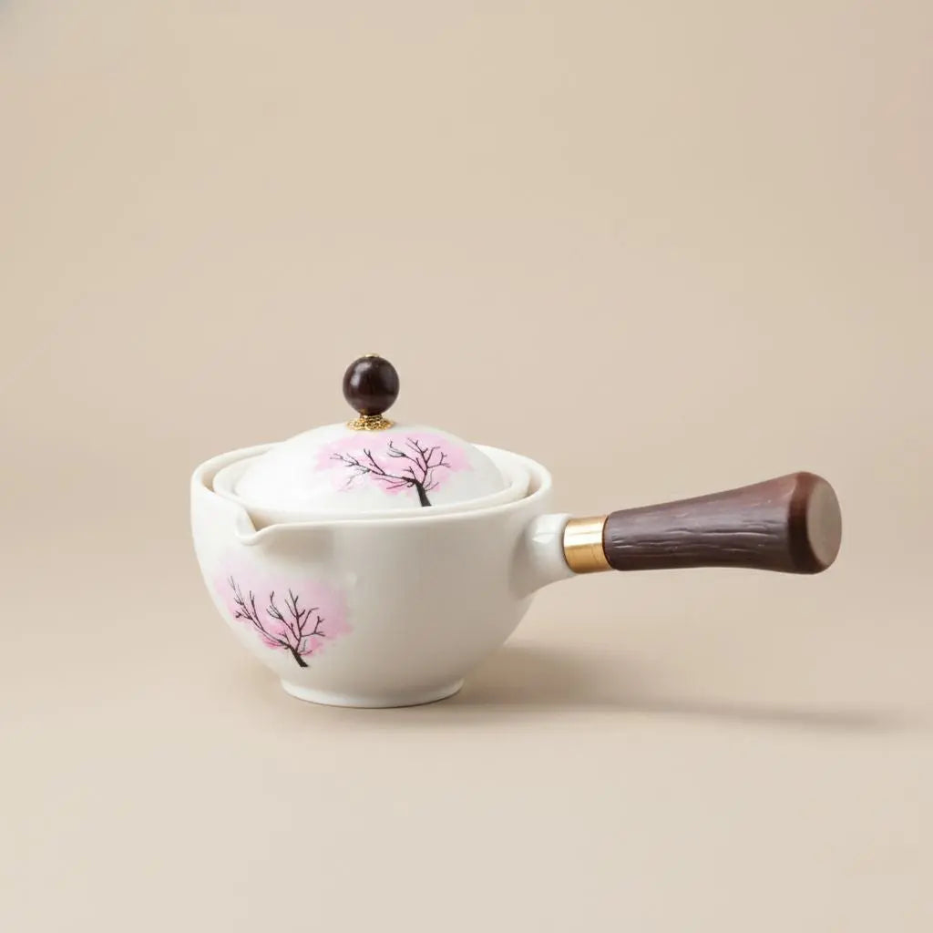 Ceramic teapot with cherry blossom decoration and rotating strainer