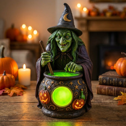 USB-Powered Glowing Cauldron Figurine with Neon Green LED Light for Halloween Decor, Fantasy Themed