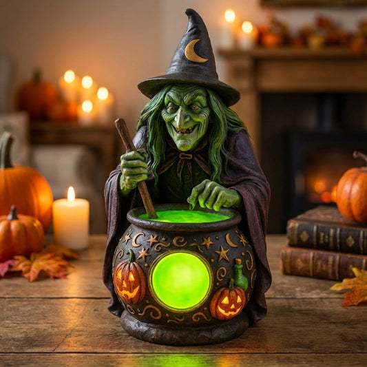 USB-Powered Glowing Cauldron Figurine with Neon Green LED Light for Halloween Decor, Fantasy Themed