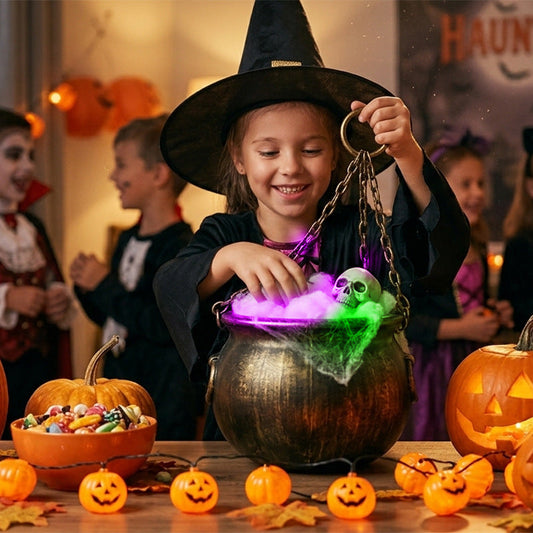 Halloween Decor Hanging Witches Cauldron with Color LED Light Vintage Black Witch Pot for House Party
