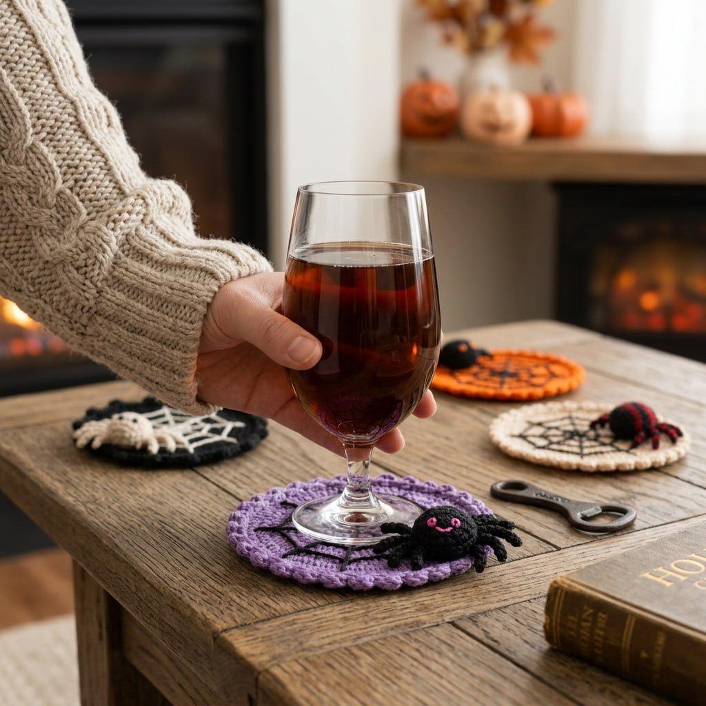 Halloween Decoration 3.94'' Crochet Spider Web Coasters 3D Spider Knitted Cup Mats Gothic Table Decor – alternate product vie