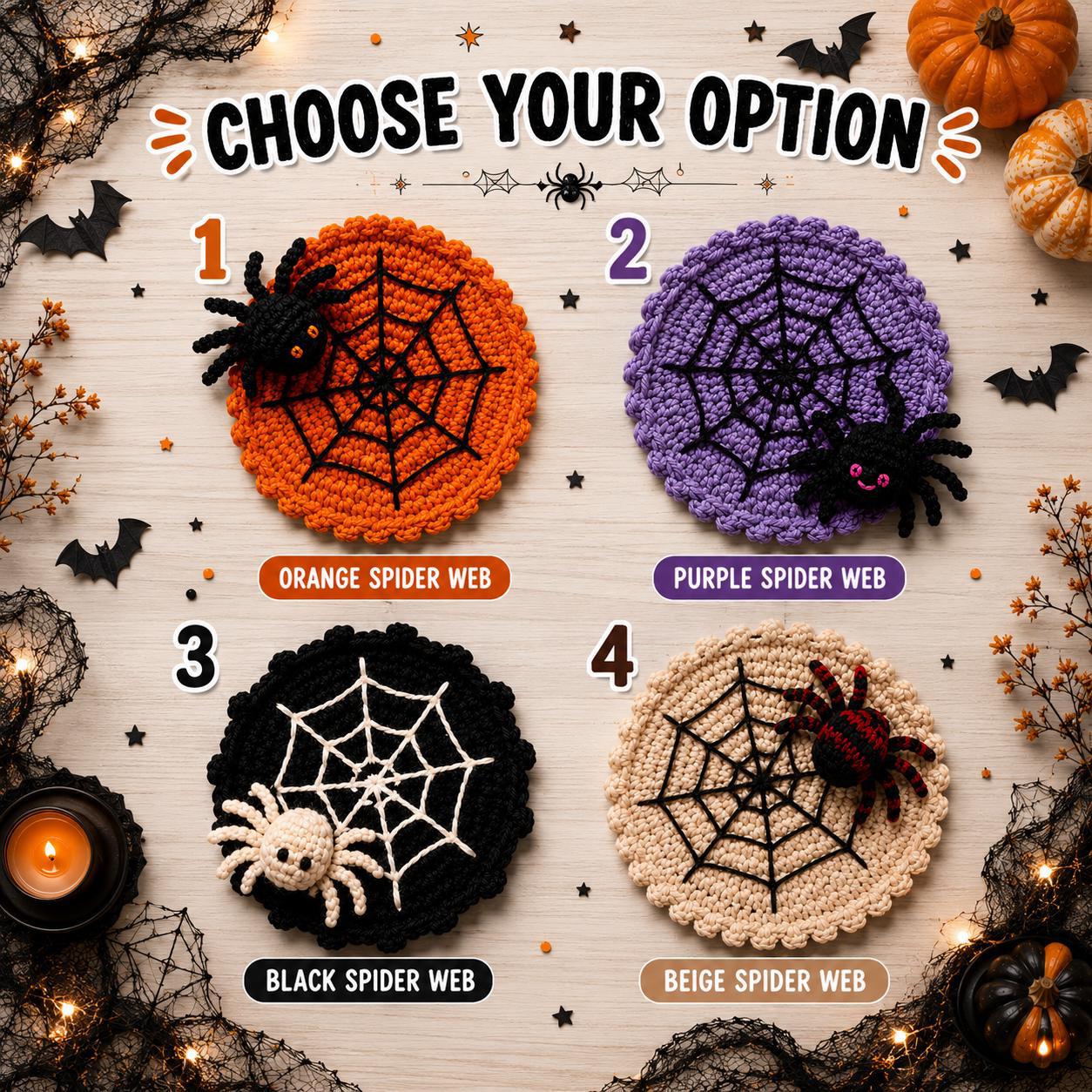 Halloween Decoration 3.94'' Crochet Spider Web Coasters 3D Spider Knitted Cup Mats Gothic Table Decor – alternate product vie