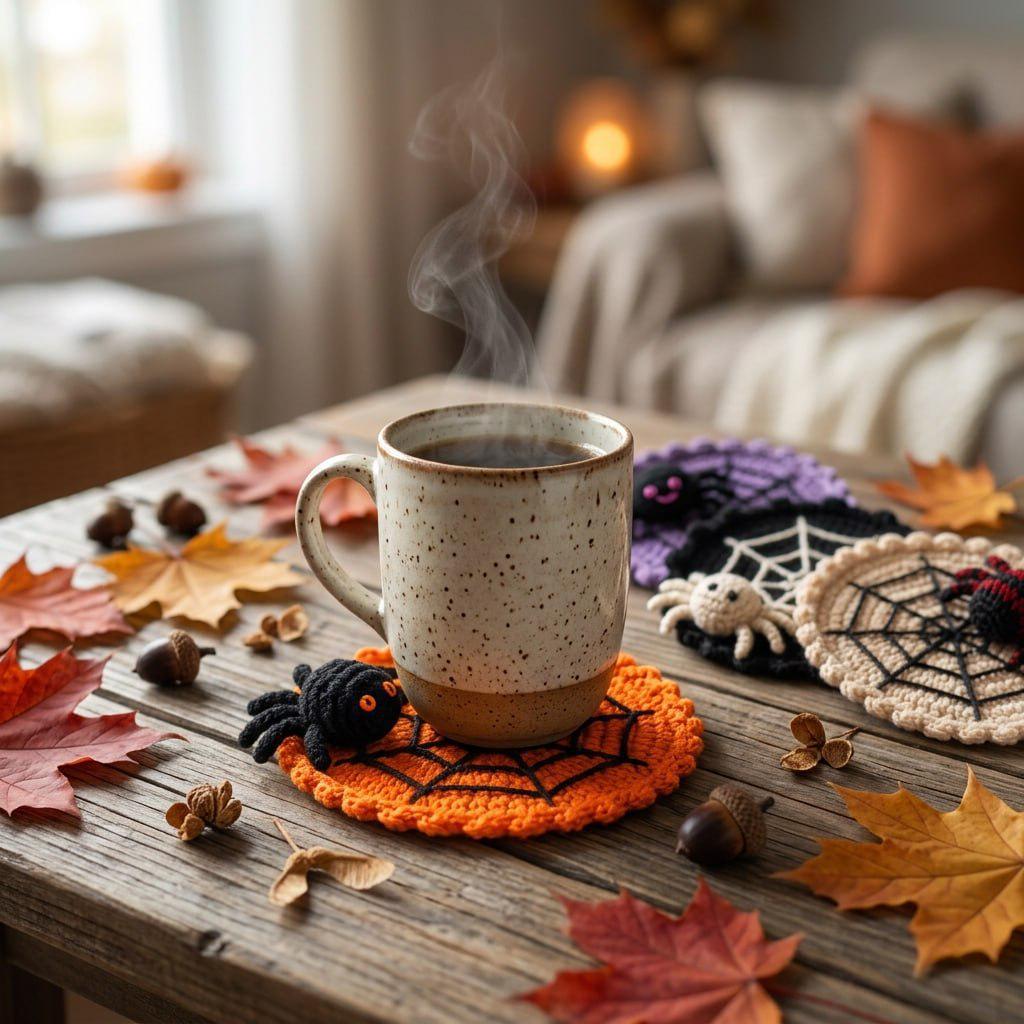 Halloween Decoration 3.94'' Crochet Spider Web Coasters 3D Spider Knitted Cup Mats Gothic Table Decor – alternate product vie