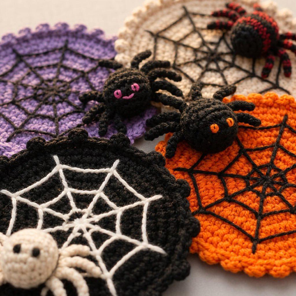 Halloween Decoration 3.94'' Crochet Spider Web Coasters 3D Spider Knitted Cup Mats Gothic Table Decor – alternate product vie