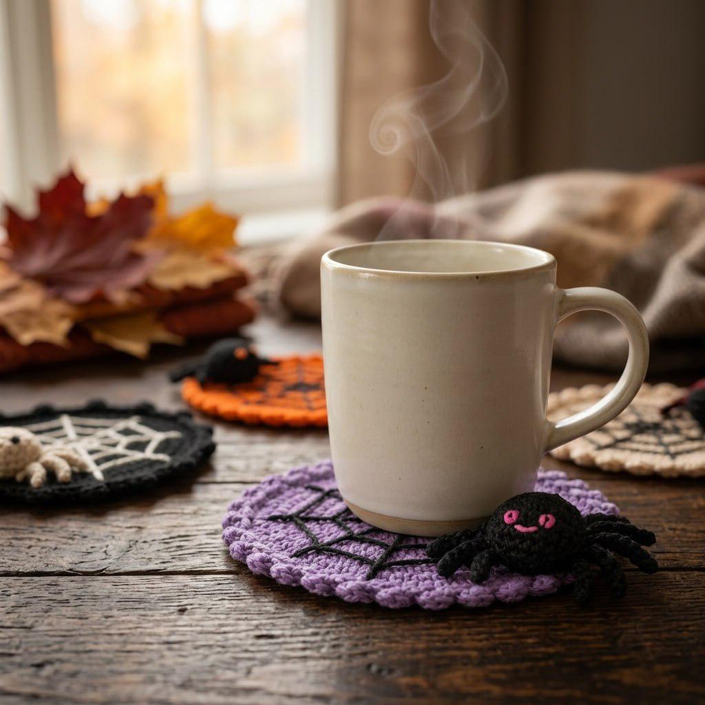 Halloween Decoration 3.94'' Crochet Spider Web Coasters 3D Spider Knitted Cup Mats Gothic Table Decor – alternate product vie