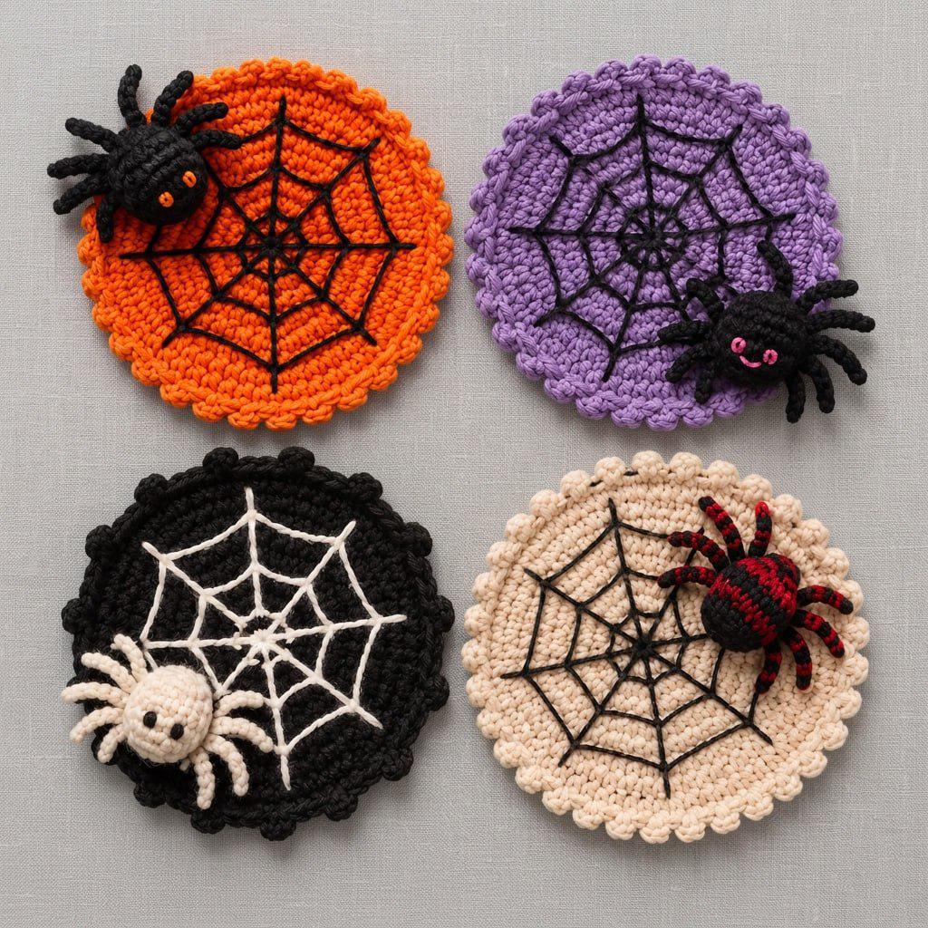 Halloween Decoration 3.94'' Crochet Spider Web Coasters 3D Spider Knitted Cup Mats Gothic Table Decor – alternate product vie