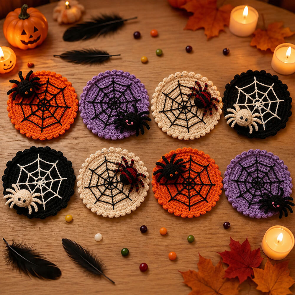 Halloween Decoration 3.94'' Crochet Spider Web Coasters 3D Spider Knitted Cup Mats Gothic Table Decor – alternate product vie