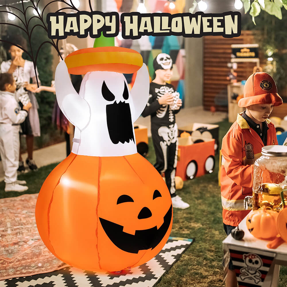 Halloween Inflatables Animated Ghost Pumpkin with LED Lights Movable Up and Down Ghost For Yard – alternate product view 2
