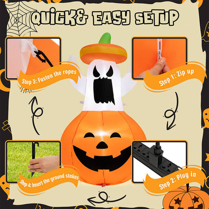 Halloween Inflatables Animated Ghost Pumpkin with LED Lights Movable Up and Down Ghost For Yard – alternate product view 5