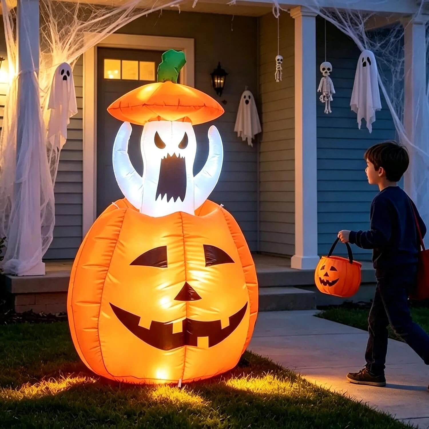 Halloween Inflatables Animated Ghost Pumpkin with LED Lights Movable Up and Down Ghost For Yard