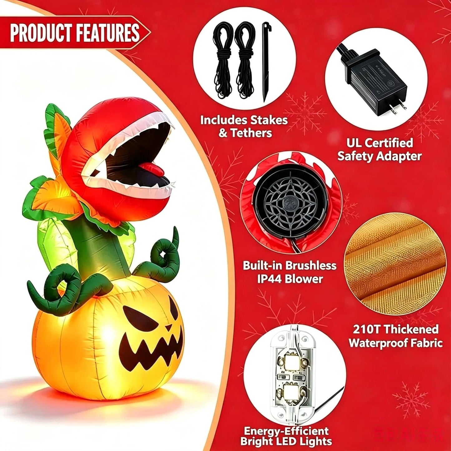 5FT Halloween Inflatables Carnivorous Plant on Pumpkin with LED Lights Monster Blow‑Up Ornament for – alternate product view 