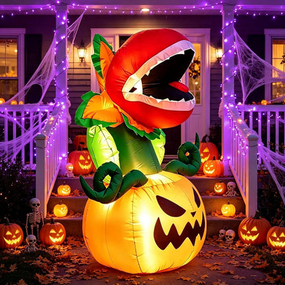 5FT Halloween Inflatables Carnivorous Plant on Pumpkin with LED Lights Monster Blow‑Up Ornament for