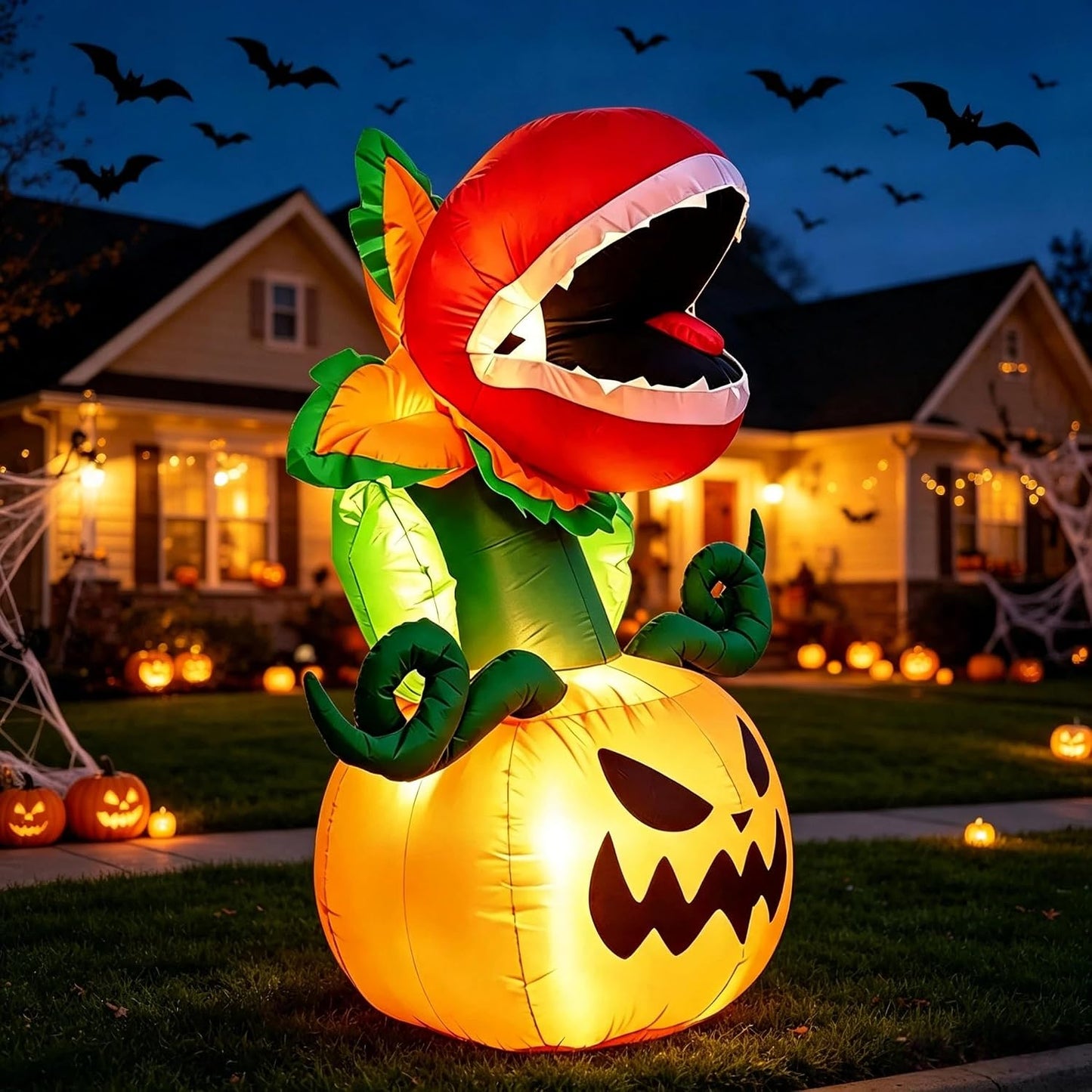 5FT Halloween Inflatables Carnivorous Plant on Pumpkin with LED Lights Monster Blow‑Up Ornament for – alternate product view 
