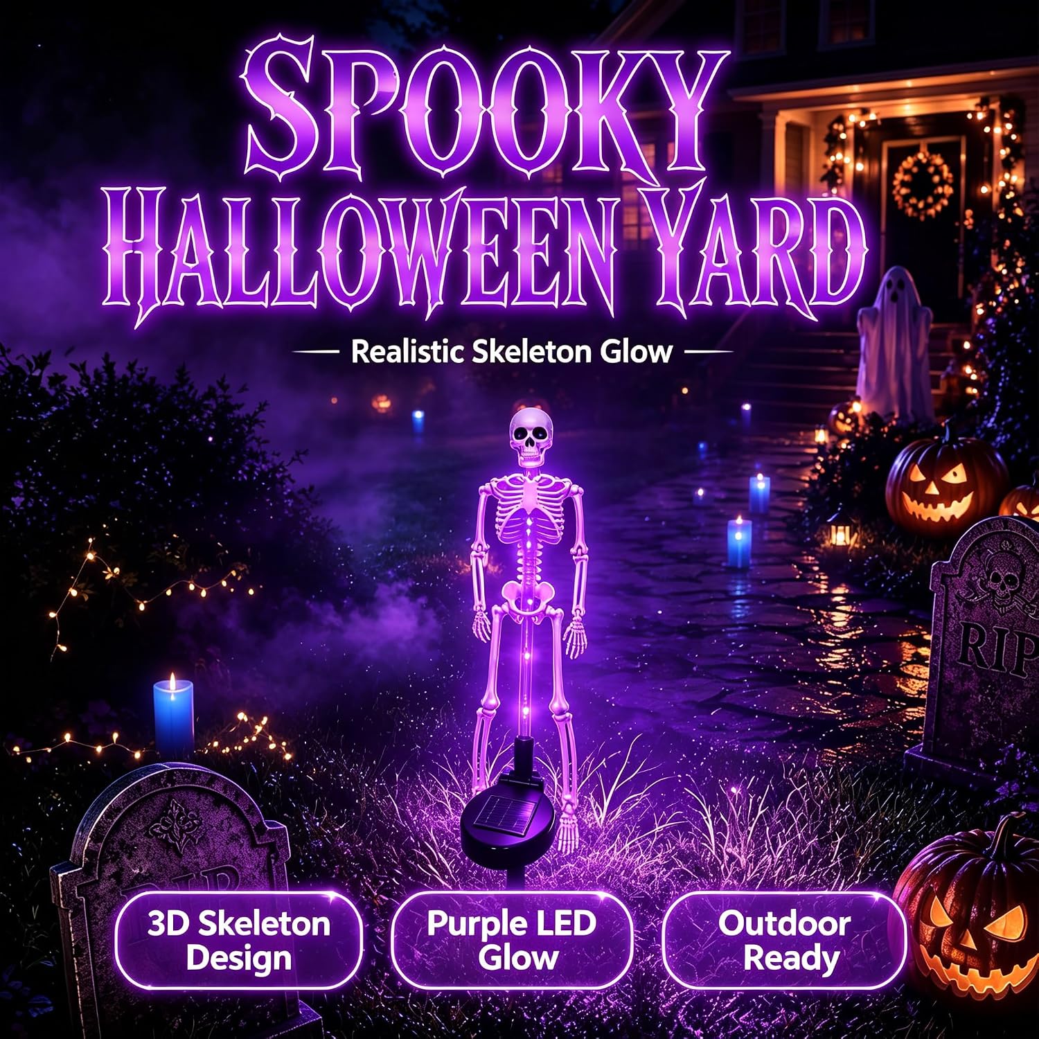 Halloween Light 2pcs Solar Powered Skeleton Stake Lights 3D Realistic Bone LED Skeleton Yard Decor – alternate product view 2