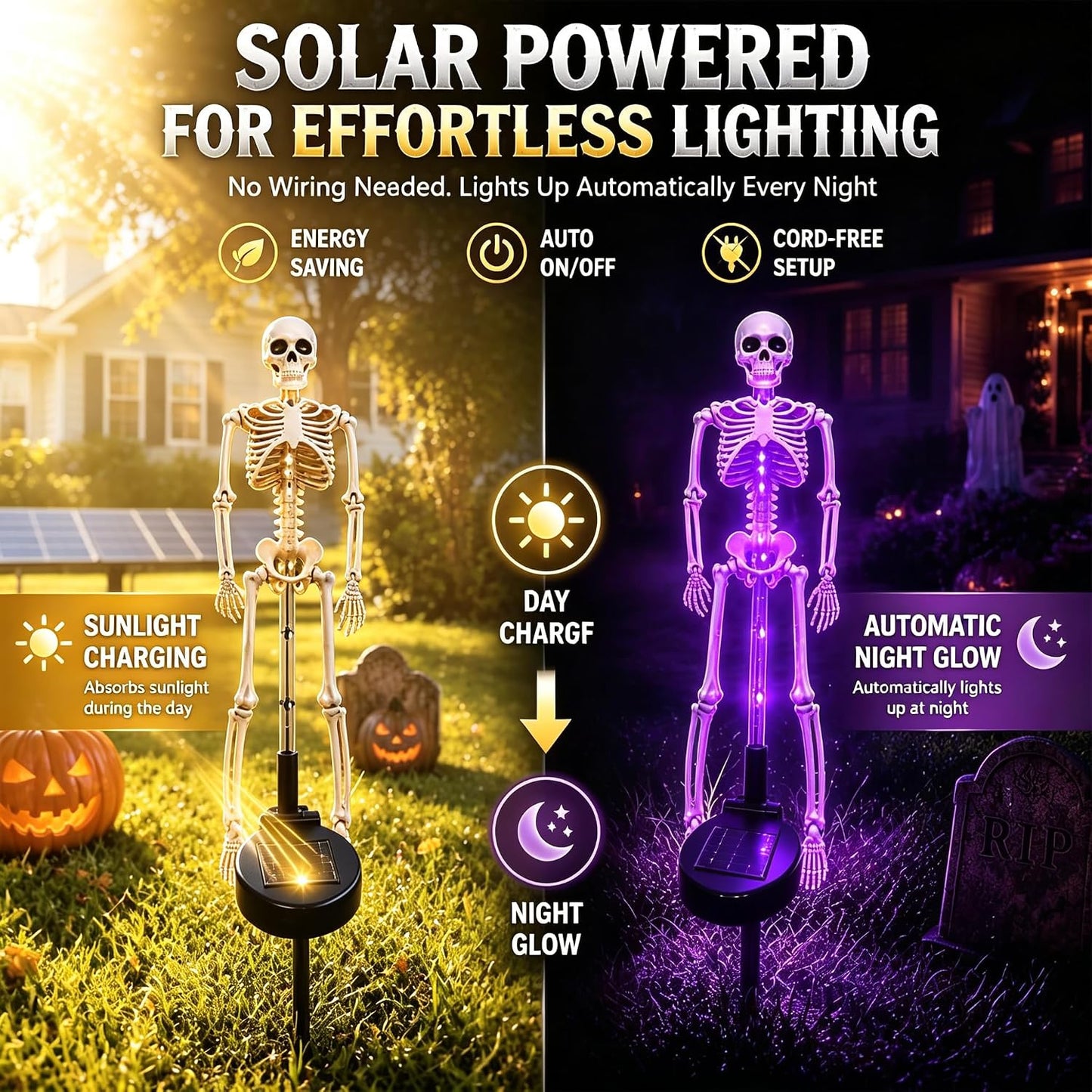 Halloween Light 2pcs Solar Powered Skeleton Stake Lights 3D Realistic Bone LED Skeleton Yard Decor – alternate product view 3