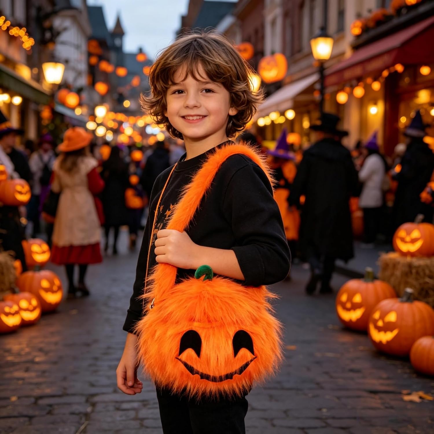 19.68'' Halloween Plush Toy Pumpkin Candy Bag Fluffy Plush Pumpkin Shoulder Handbag for Halloween Party