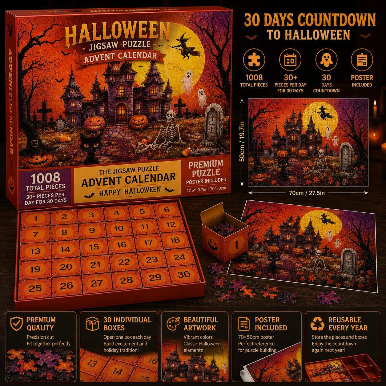 Halloween Puzzle Advent Calendar 1008pcs Haunted Castle Count‑Down Puzzle Gift Set With 30 Mini Blind – alternate product vie