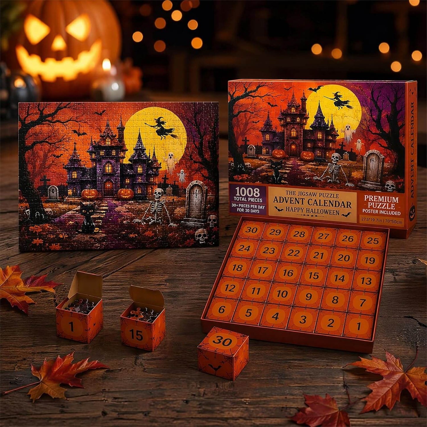 Halloween Puzzle Advent Calendar 1008pcs Haunted Castle Count‑Down Puzzle Gift Set With 30 Mini Blind