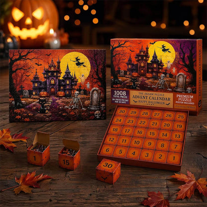 Halloween Puzzle Advent Calendar 1008pcs Haunted Castle Count‑Down Puzzle Gift Set With 30 Mini Blind
