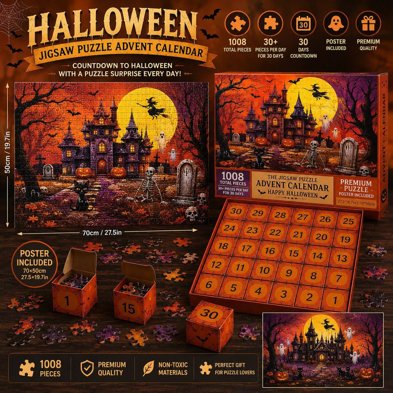 Halloween Puzzle Advent Calendar 1008pcs Haunted Castle Count‑Down Puzzle Gift Set With 30 Mini Blind – alternate product vie