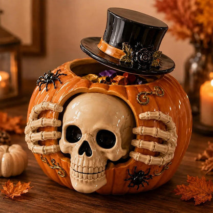 Halloween Skull Pumpkin Candy Jar with Removable Lid Spooky Skeleton Hand Pumpkin Treat Jar for Party