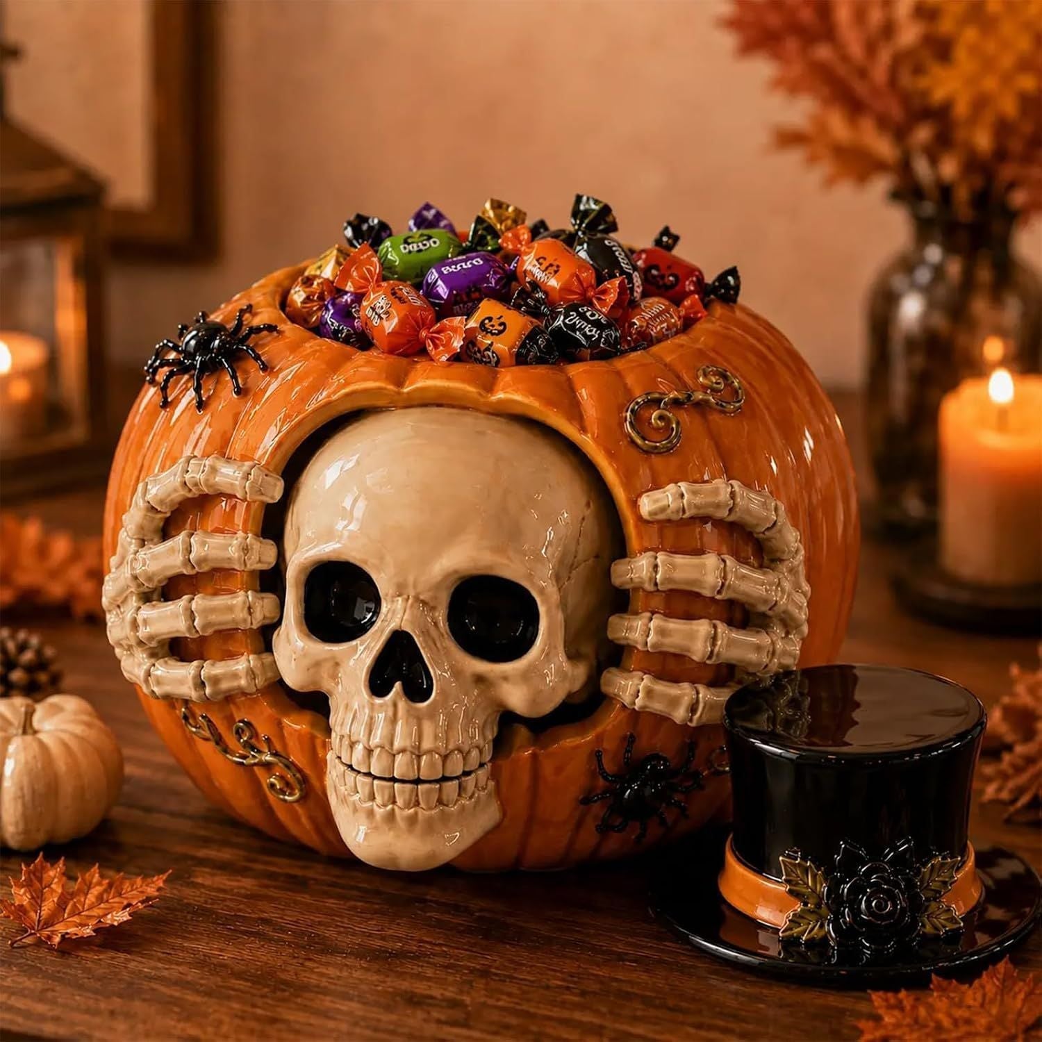 Halloween Skull Pumpkin Candy Jar with Removable Lid Spooky Skeleton Hand Pumpkin Treat Jar for Party – alternate product vie
