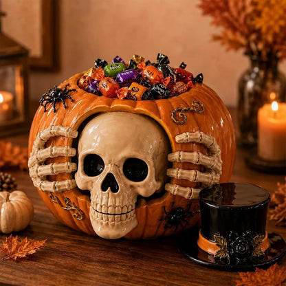 Halloween Skull Pumpkin Candy Jar with Removable Lid Spooky Skeleton Hand Pumpkin Treat Jar for Party – alternate product vie