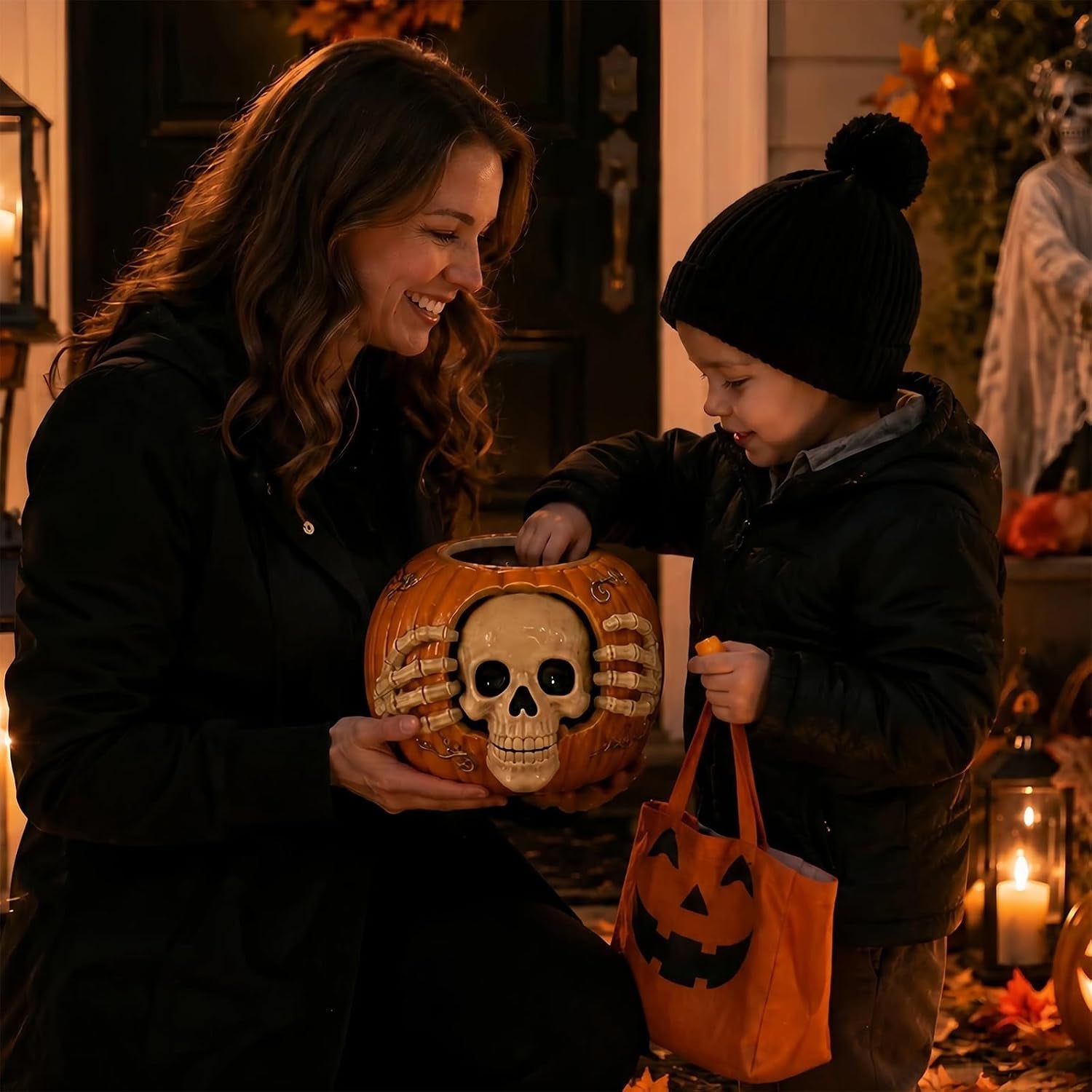 Halloween Skull Pumpkin Candy Jar with Removable Lid Spooky Skeleton Hand Pumpkin Treat Jar for Party – alternate product vie