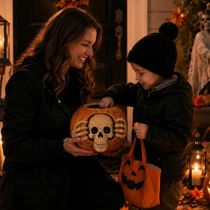 Halloween Skull Pumpkin Candy Jar with Removable Lid Spooky Skeleton Hand Pumpkin Treat Jar for Party – alternate product vie