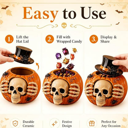Halloween Skull Pumpkin Candy Jar with Removable Lid Spooky Skeleton Hand Pumpkin Treat Jar for Party – alternate product vie