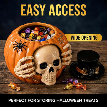 Halloween Skull Pumpkin Candy Jar with Removable Lid Spooky Skeleton Hand Pumpkin Treat Jar for Party – alternate product vie