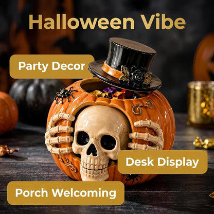 Halloween Skull Pumpkin Candy Jar with Removable Lid Spooky Skeleton Hand Pumpkin Treat Jar for Party – alternate product vie