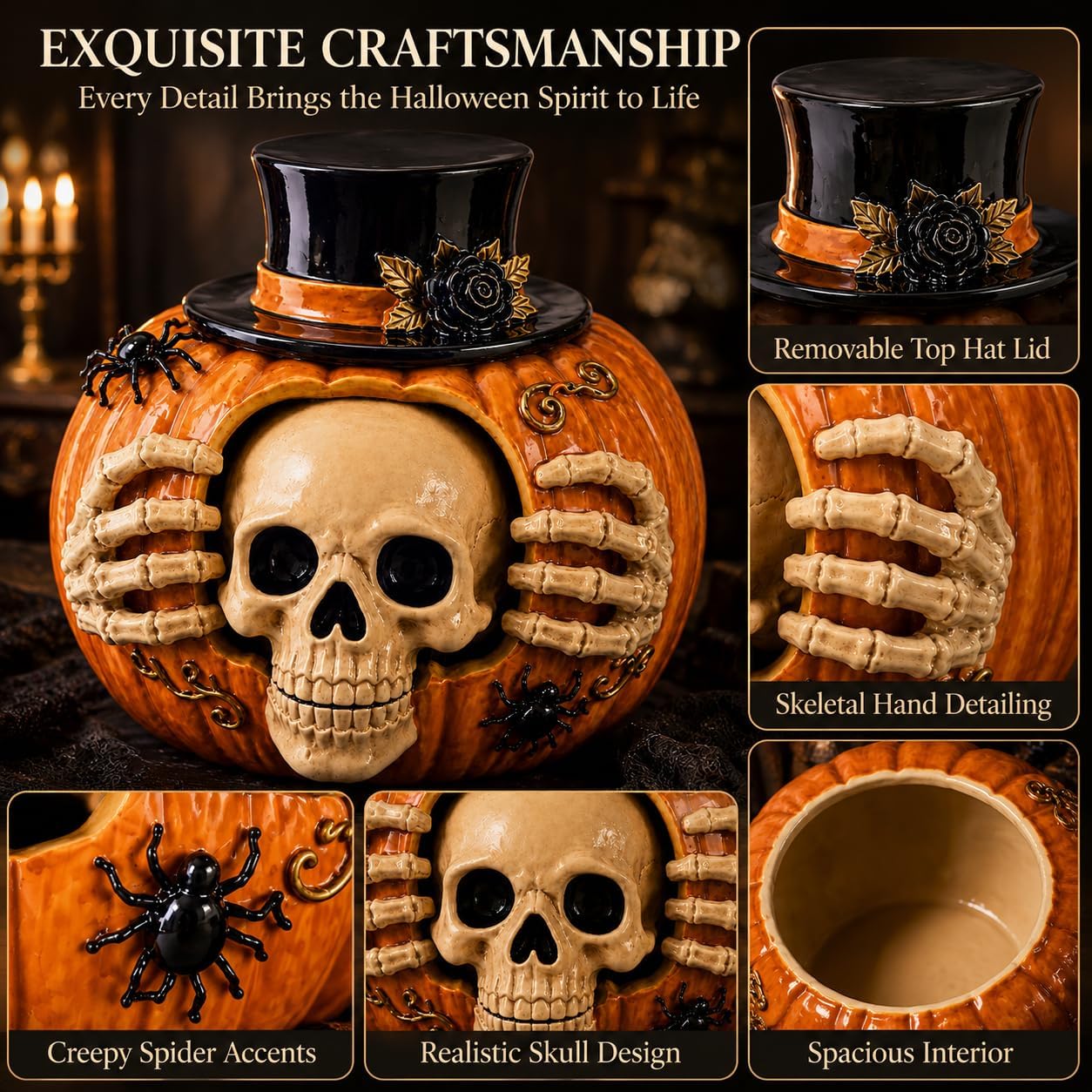 Halloween Skull Pumpkin Candy Jar with Removable Lid Spooky Skeleton Hand Pumpkin Treat Jar for Party – alternate product vie