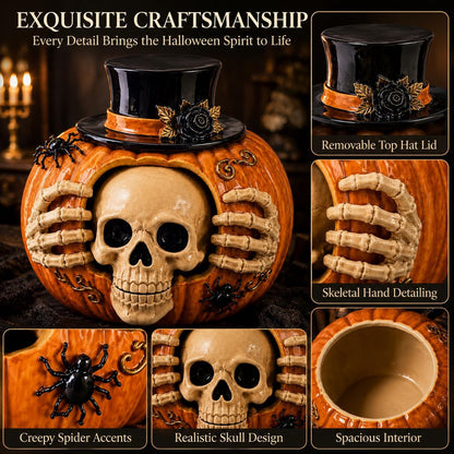 Halloween Skull Pumpkin Candy Jar with Removable Lid Spooky Skeleton Hand Pumpkin Treat Jar for Party – alternate product vie