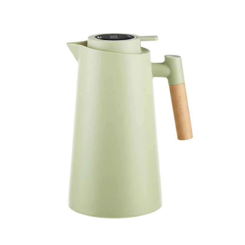 Thermos flask with temperature display and wooden handle