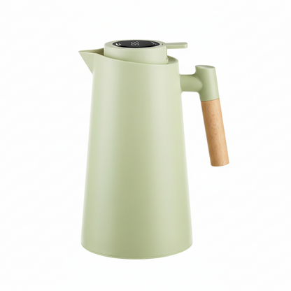 Thermos flask with temperature display and wooden handle