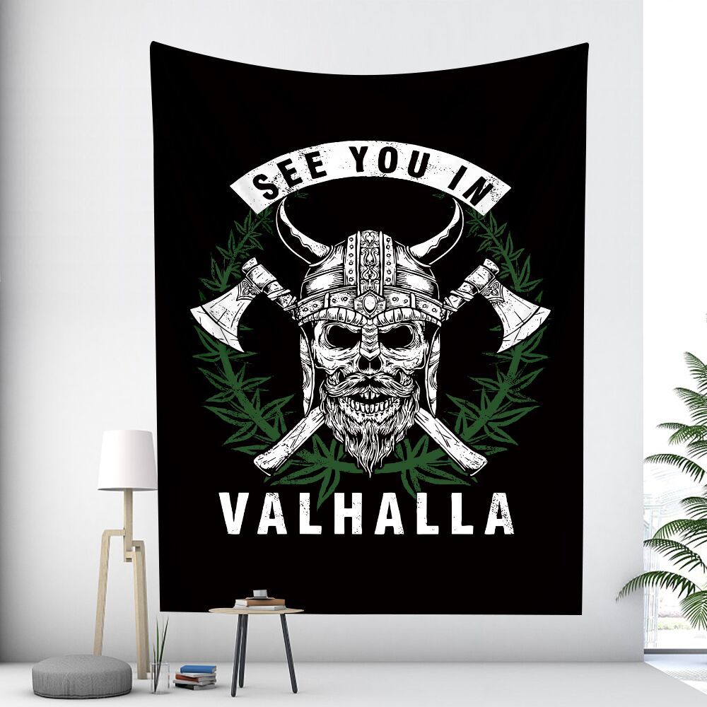 Large Woven Wall Tapestry Featuring Viking Skull Helmet And Crossed Axes Graphic – alternate product view 9