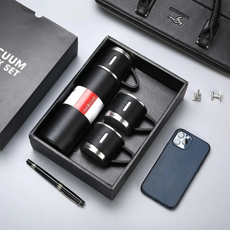 Thermos Flask Gift Set with 3 Mugs - Hot & Cold, 500ml
