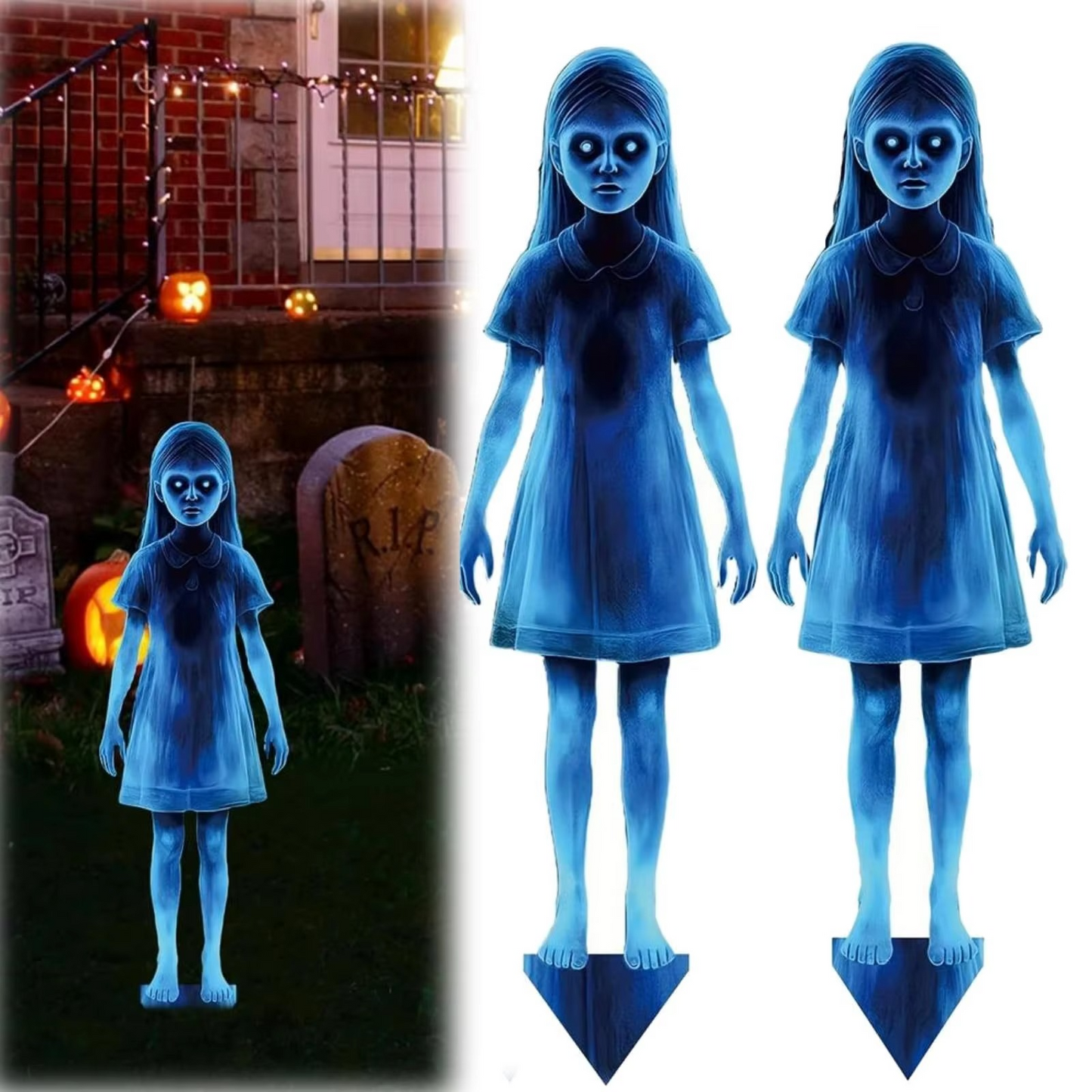 Lighted Ghosts Outdoor Halloween Decoration, Metal Yard Stakes with Glowing Design – alternate product view 2