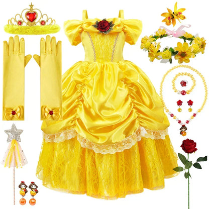 Girls Princess Gown Costume with Tiara and Gloves – Complete Belle-Inspired Dress-Up Set for Birthday – alternate product vie